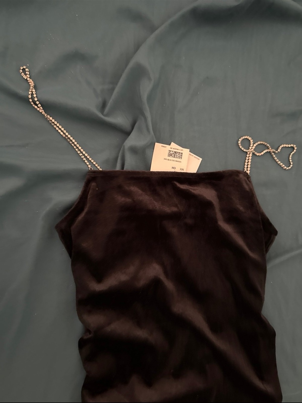 Divided Black Velvet Mini Dress with Rhinestone Straps